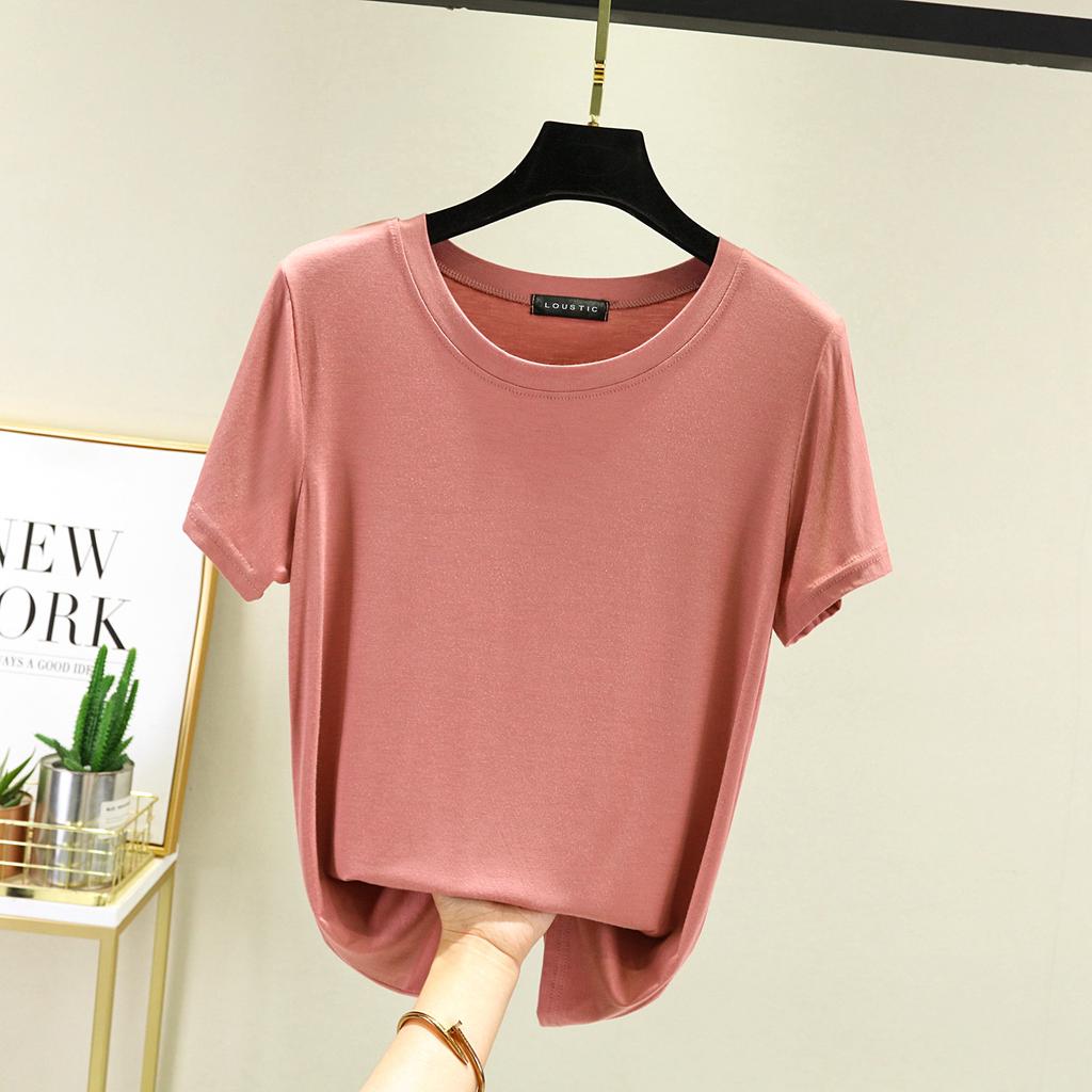 Women's Crew Neck Short Sleeve T-Shirt Regular Fit High Stretch Modal Fabric Solid Color Summer Casual Layering Basic Top