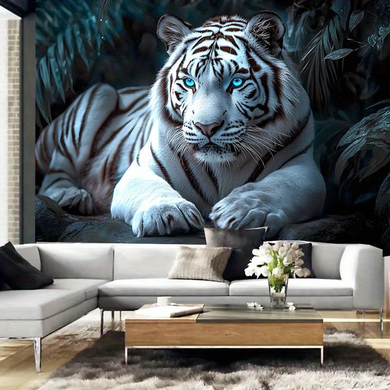 Realistic Blue-Eyed White Tiger Tapestry Animal Jungle Background Wall Decor Living Room Sofa Bedroom Feature Wall 100X70CM