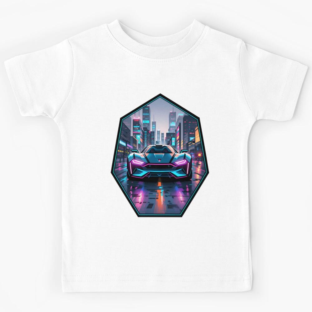 Cyberpunk Racing Sports Car With City Skyline Kids T-Shirt 100