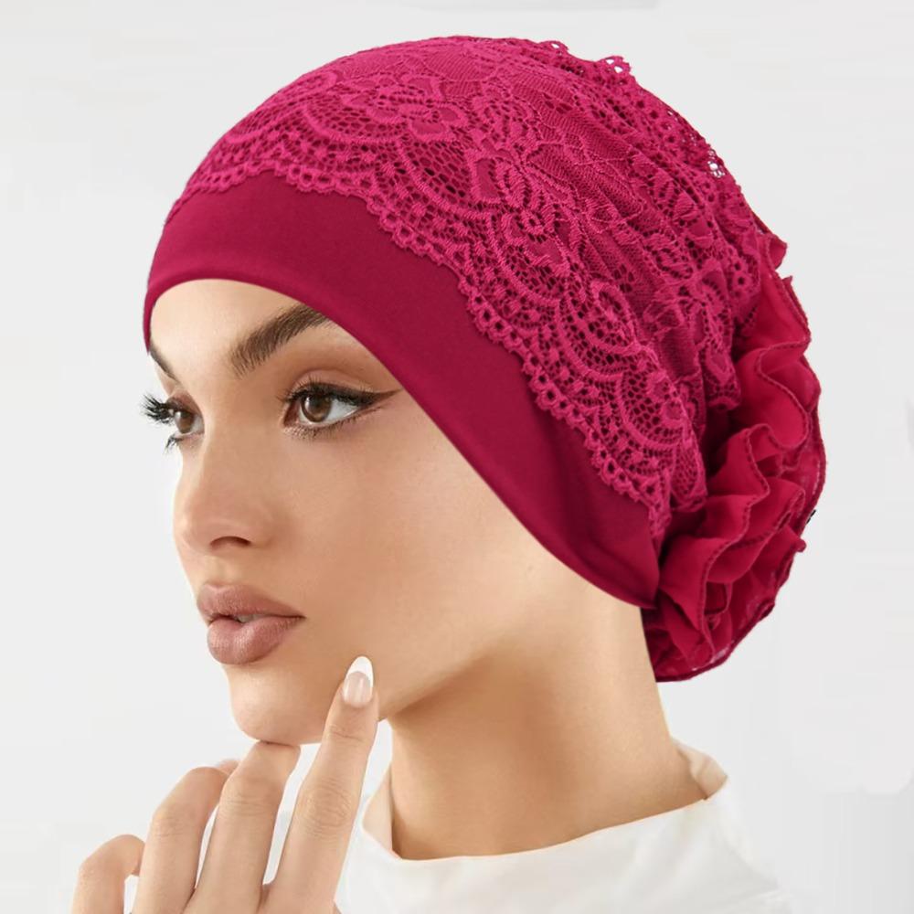 Elegant Headscarf Hat Lace Edge Women's Hijabs Flower Design Pullover Hat  Women Headwear