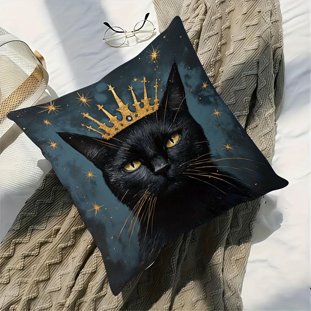 1Pc Vintage Black Cat Pillowcase - Golden Crown & Stars, 18X18 Inches, Soft Short Plush, Double-Sided,Hand Wash,Sofa & Bed Decor