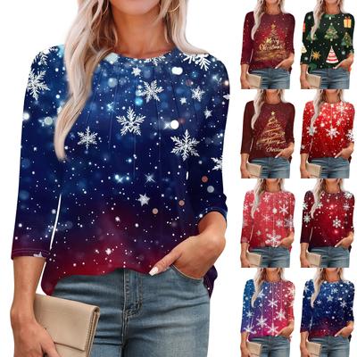 Women's Fashionable Round Neck 3/4 Sleeve Christmas Prints Casual Basic Pleated Pullover T-shirt Top