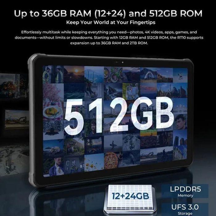 OUKITEL RT10 5G Robuste Tablette Tactile 36GO+256GO 11.1" 25000mAh 64MP Caméra Android 15 Tablette PC WiFi 6/NFC/GPS/IP68IP69K Noir