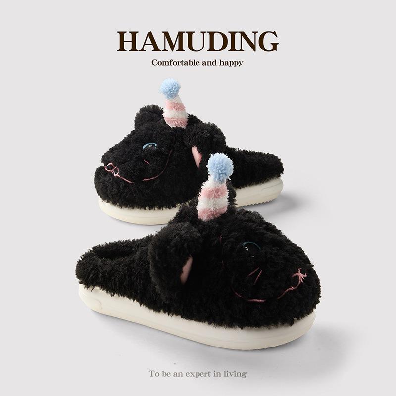 Cartoon three-dimensional hat cat cotton slippers winter warm shoes cute plush home shoes soft-soled non-slip shoes