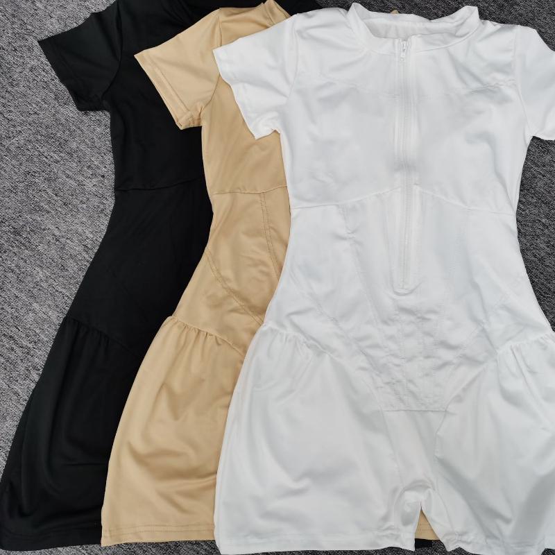 Europejska i amerykańska damska spódnica kombinezonowa z okrągłym dekoltem, jednolitym kolorem, krótkim rękawem i zamkiem błyskawicznym