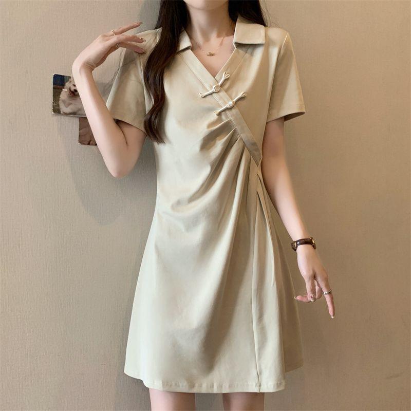 Elegant Folds Asymmetrical Dresses V-Neck Women's Clothing Stylish Vintage Chinese Disc Buckle Summer A-Line Waist Midi Dress