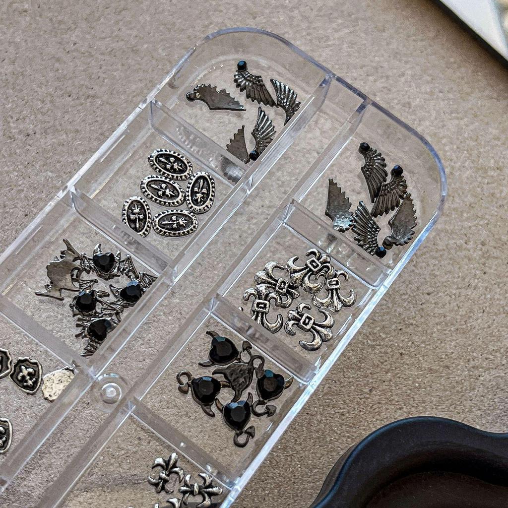 12-Grid Box Chrome Alloy Dark Heart & Pentagram Nail Art Rhinestones