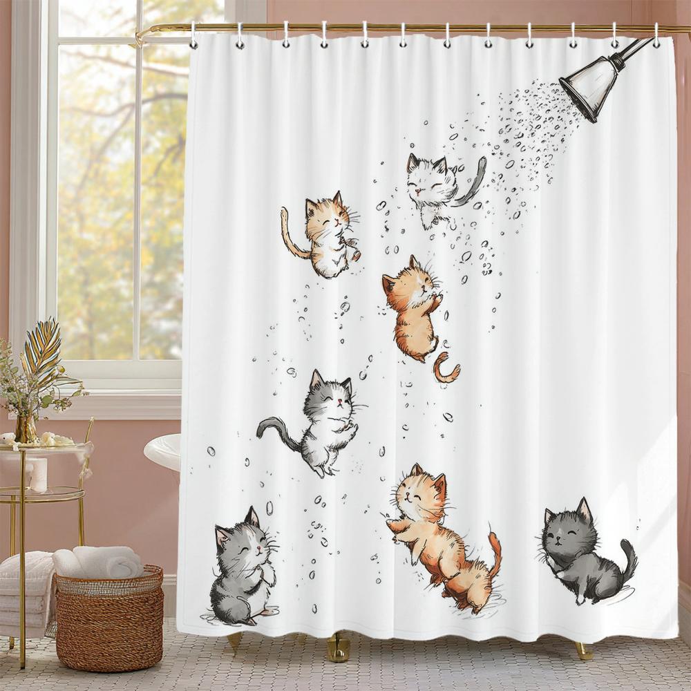 Cartoon Cute Bathing Cat Shower Curtain, Bathroom Decorative Shower Curtain, Home printed baby Shower Curtain with Hooks