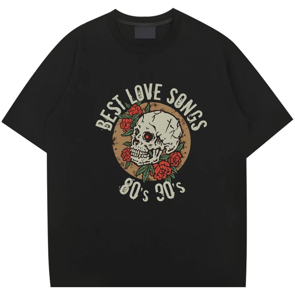 Skull O-Neck Tee Loose Oversize T Shirt American Retro Rapper Tops Classic Creative Cotton Clothes Fashion Men Tshirt DIY