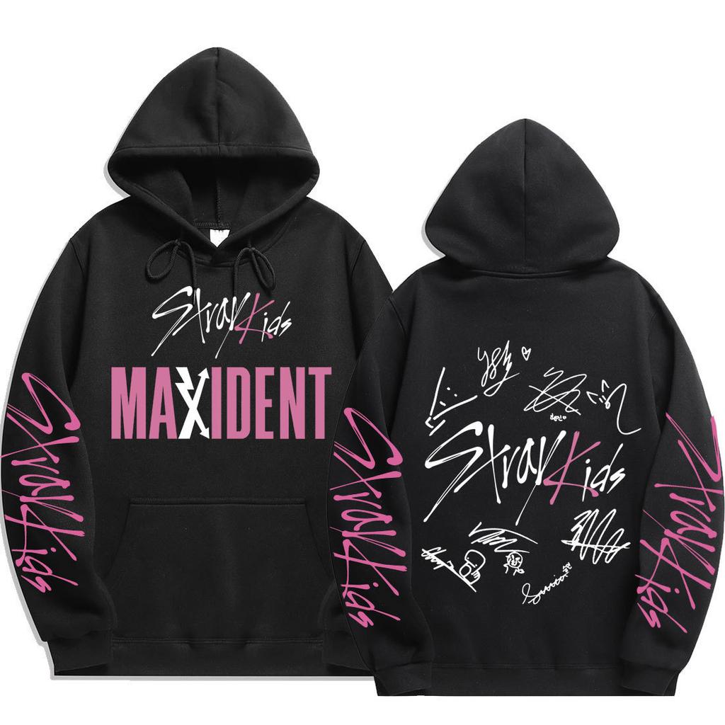 Sweat à capuche signature Stray Kids MAXIDENT Imprimés scriptés Stray Kids et au dos Stray Kids avec les signatures des 8 membres, Pullovers surdimensionnés pour fans de K-Pop