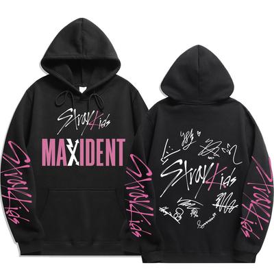 Sweat à capuche signature Stray Kids MAXIDENT Imprimés scriptés Stray Kids et au dos Stray Kids avec les signatures des 8 membres, Pullovers surdimensionnés pour fans de K-Pop
