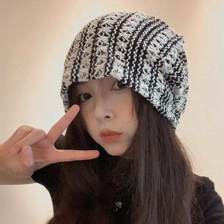 Handmade crochet hollow stacked hat for women, summer breathable vintage versatile pullover hat, loose face-flattering small hood trendy
