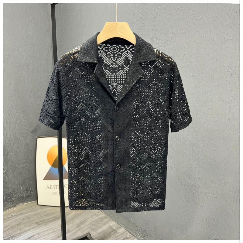 Pánská košile Nová Krátký rukáv Letní Tenká Ležérní Retro Prodyšná Prolamovaný Krajkový Top Elegantní Out Hombre Módní