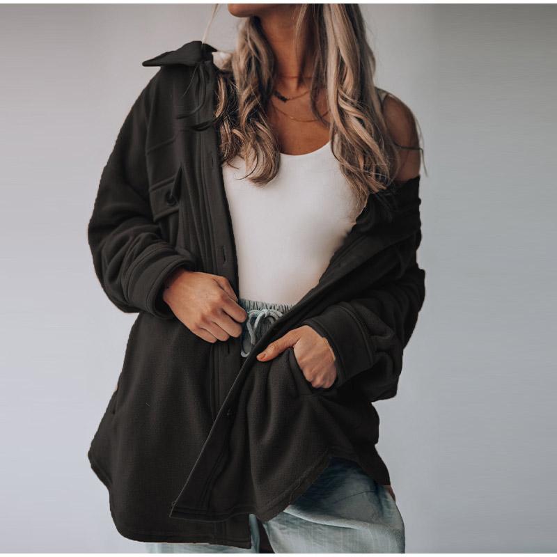 Осенне-зимняя женская флисовая куртка с длинным рукавом и лацканами — фото 3