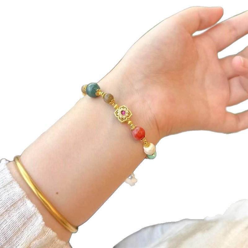 Chinese Style Multi-Gemstone Bracelet: South Red Amber, Jadeite, Hetian Jade, Pearl, Agate, and Crystal