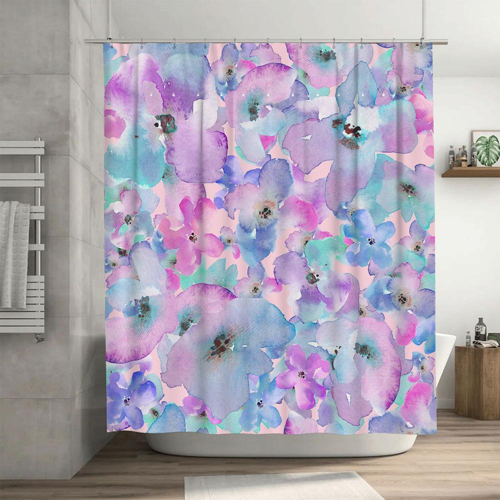 Purple Watercolor Shower Curtain With Pink Flowers: Decorative Waterproof Bath Fabric For Bathroom Accessories Pink Purple Blue