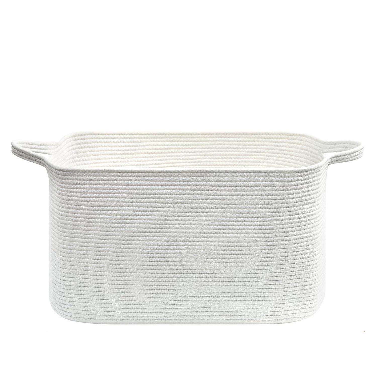 Large Rectangle Blanket Basket Woven Nursery Cotton Rope Laundry Basket for Storage, Living Room, Toy Organizer with Handle