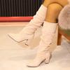 Pointed Toe Pleated Women Long Boots Fashion Slip On Knee High Booties Designer Thick Heels Largas Bootieser