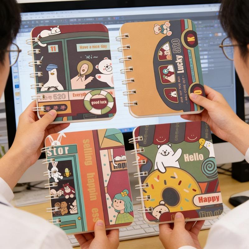 2Pcs Happy Bus Pattern Cartoon A7 Coil Book Pocket Mini Notebook Diary Portable Office Notepad Daily Weekly Planner School Supplies Holiday Gift