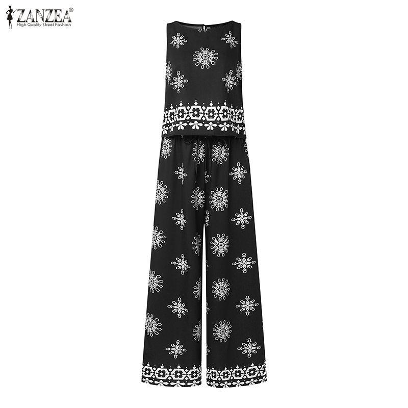 ZANZEA Two Piece Suit Women Sleeveless Print Tank Tops and Long Pants Casual Sets