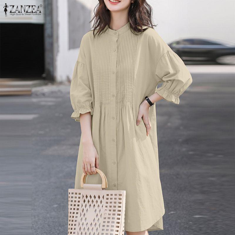 ZANZEA Women Stand Collar Solid Color Loose Long Sleeve Shirt Dress