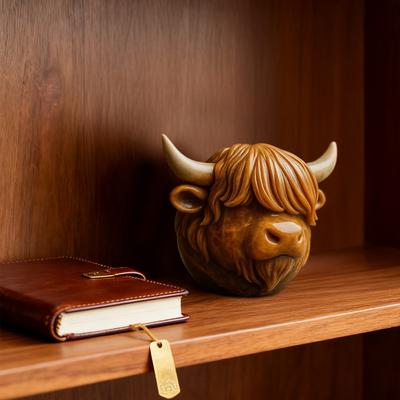 Highland Cow Steinharz Highland Cow Kopf Ornament Dekorative Schottische Kuh Sammlerstück für Zuhause Büro Bauernhaus Schreibtisch Regal Dekoration