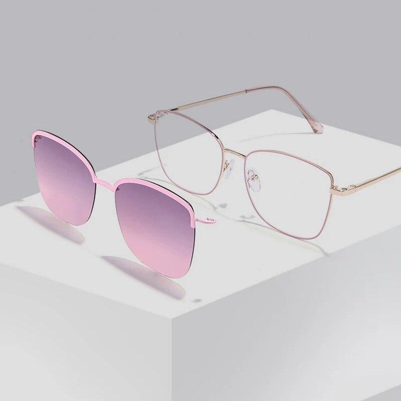 2 In-1 Glasses Anti Blue Light Glasses with 1Pc Magnetic Polarized Clip-On Sunglasses Lenses Trendy Metal Frame Cat Eye Eyewear