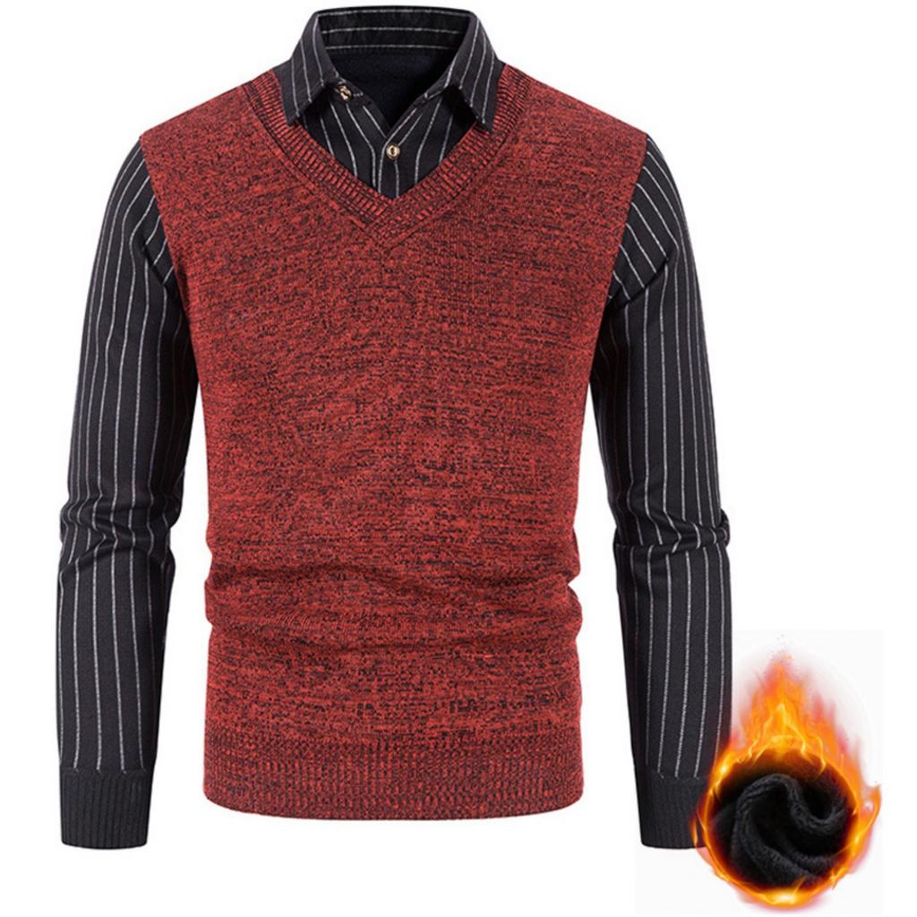 Men's Solid-color Casual V-neck And Square Neck Pullover Knitted Sweater, Men's Fake Two-piece Striped Neck Long-sleeved Sweater