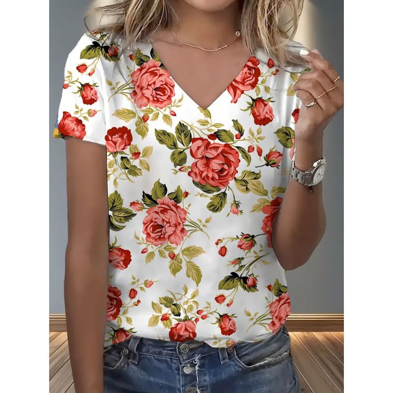 Womens V-Neck Loose Fit Short Sleeve T-Shirt With Colorful Geometric Starry Print Casual Top