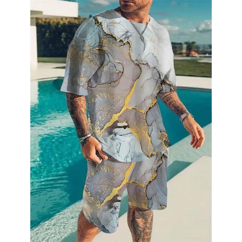 Vêtements de Sport d'Été T-shirt Short pour Homme Ensemble Deux Pièces Fine Texture 3D Impression Lâche Couleur Unie Manches Courtes Mode Ensembles pour Homme