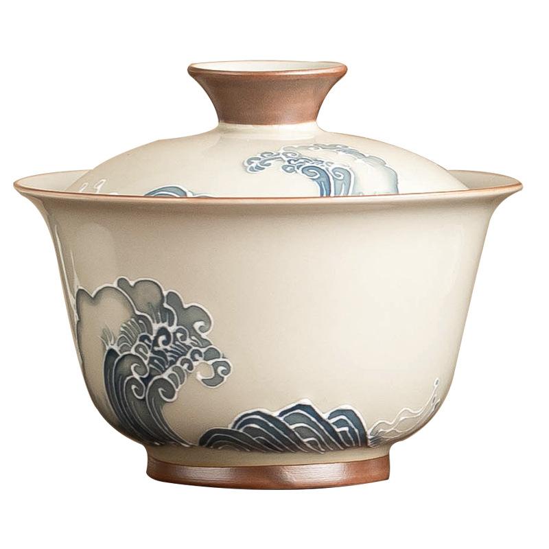 Pile Carved Wave Gaiwan Hand-painted Ceramic Tea Tureen Chinese Kung Fu Tea Brewing Bowl Teaware Master Cup Teacups Gift Box