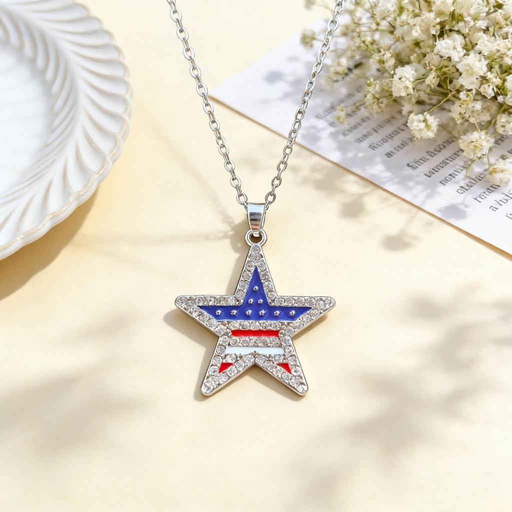 US Independence Day Rhinestone Flag Pendant Necklace - Red, White, Blue