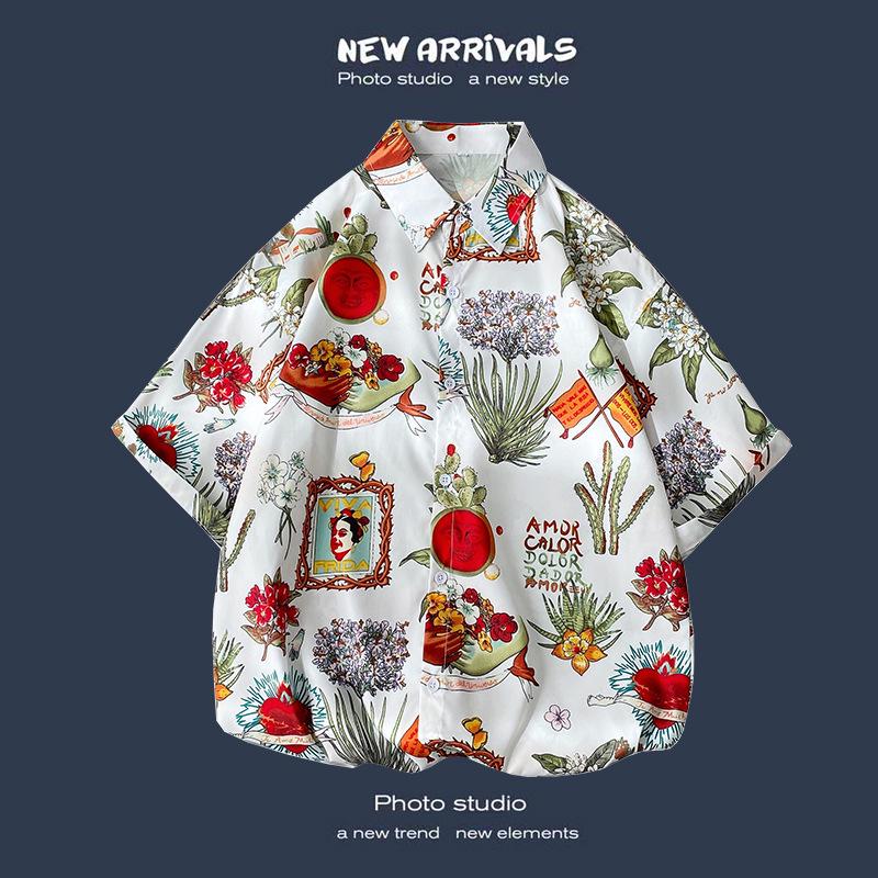 Letnia Koreańska Retro Kwiatowa Para Luźna Koszula z Krótkim Rękawem - Męski Modny Styl