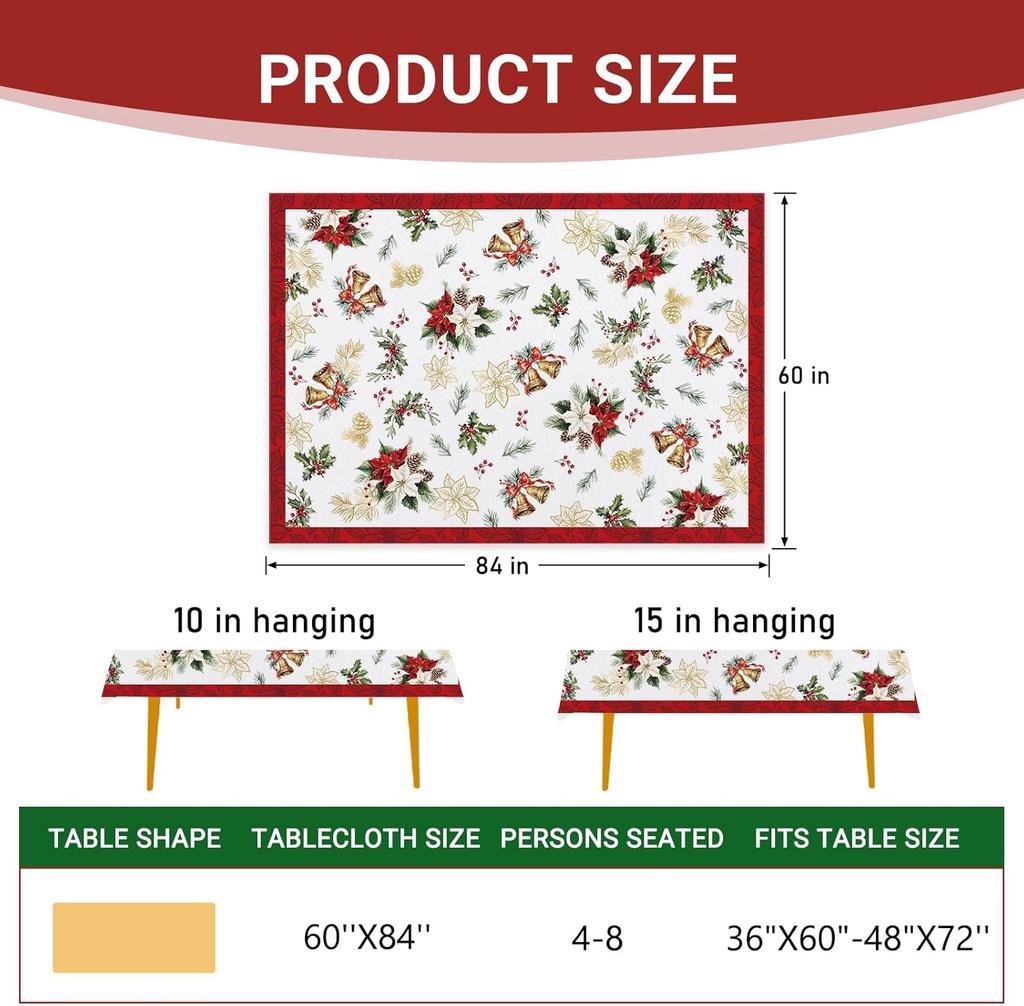 Christmas Poinsettia Holly Berry Rectangle Tablecloth for Table Decor Xmas Ball Pinecone Print Table Cloth Christmas Decorations