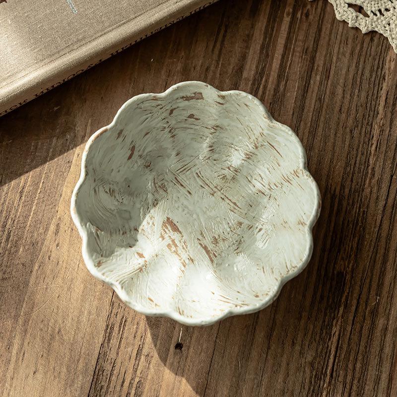 Retro Handmade Coarse Pottery Taste Plate Creative Hand-Painted Lace Ceramic Plate Japanese-Style Household Tableware Seasoning Plate Dipping Plate
