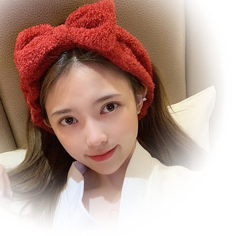 Wash Hairband Simple Hair Turban with Ribbon [Facial 3-Color Set] Fluffy, Cute, (Red, White, Pink)