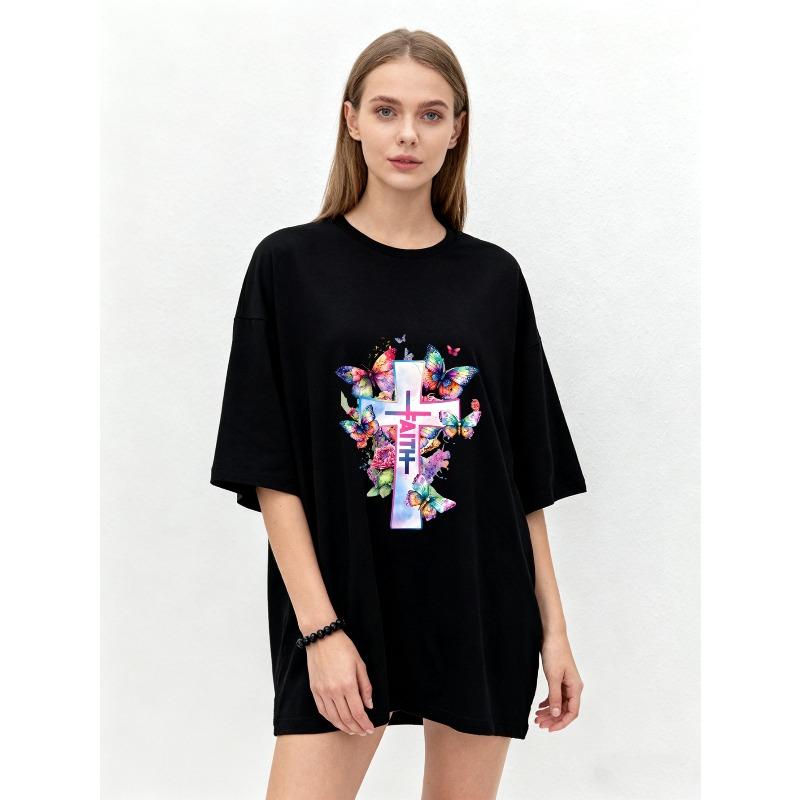 Oversized T-Shirt Black Cross With Colorful Butterflies And Chinese Characters Print Casual Streetwear For Women