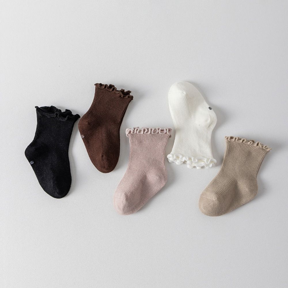5Pairs Solid Color Ruffle Baby Cotton Socks Breathable Cute Toddle Short Tube Socks Autumn Spring Mid-calf Newborn Socks Newborn
