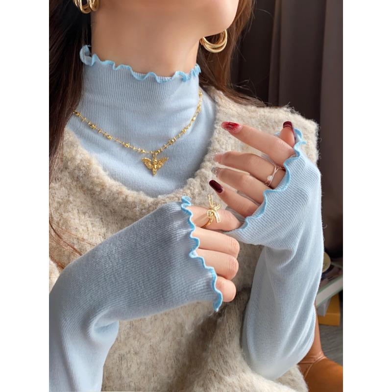

Semi-turtleneck bottoming shirt women s new autumn and winter high-end inner knitted top, fungus-edged lace-neck sweater One size fits all [recommended 80-60kg]