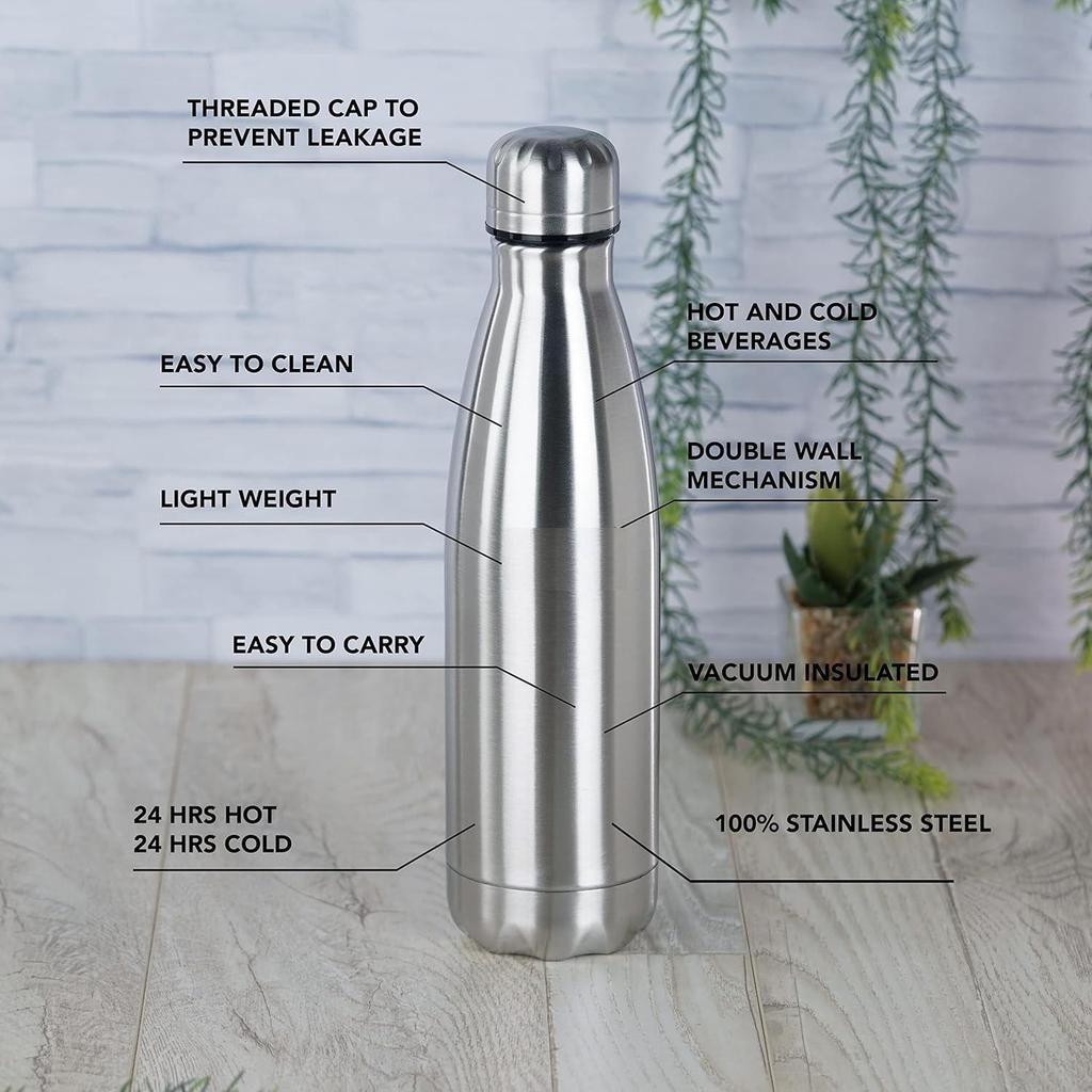 Stainless Steel Double Walled Vacuum Flask/Water Bottle, 24 Hours Hot and Cold, 500 Ml, Silver - 1Pc