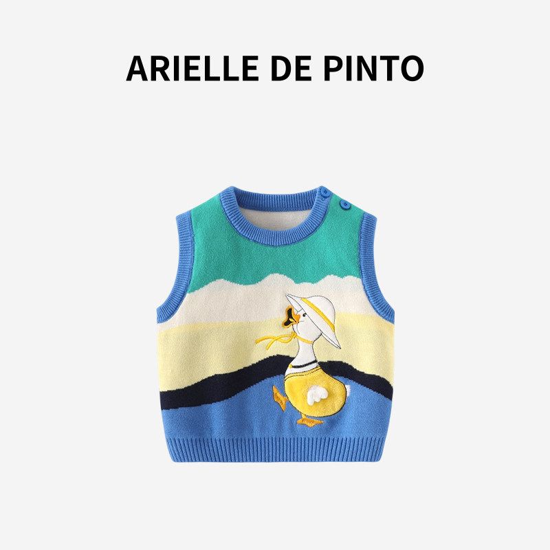 French Arielle De Pinto Boys and Girls Vest Autumn and Winter Knitted Vest Thickened Color-Blocked Duckling Round-Neck Clothing Sea Blue 130
