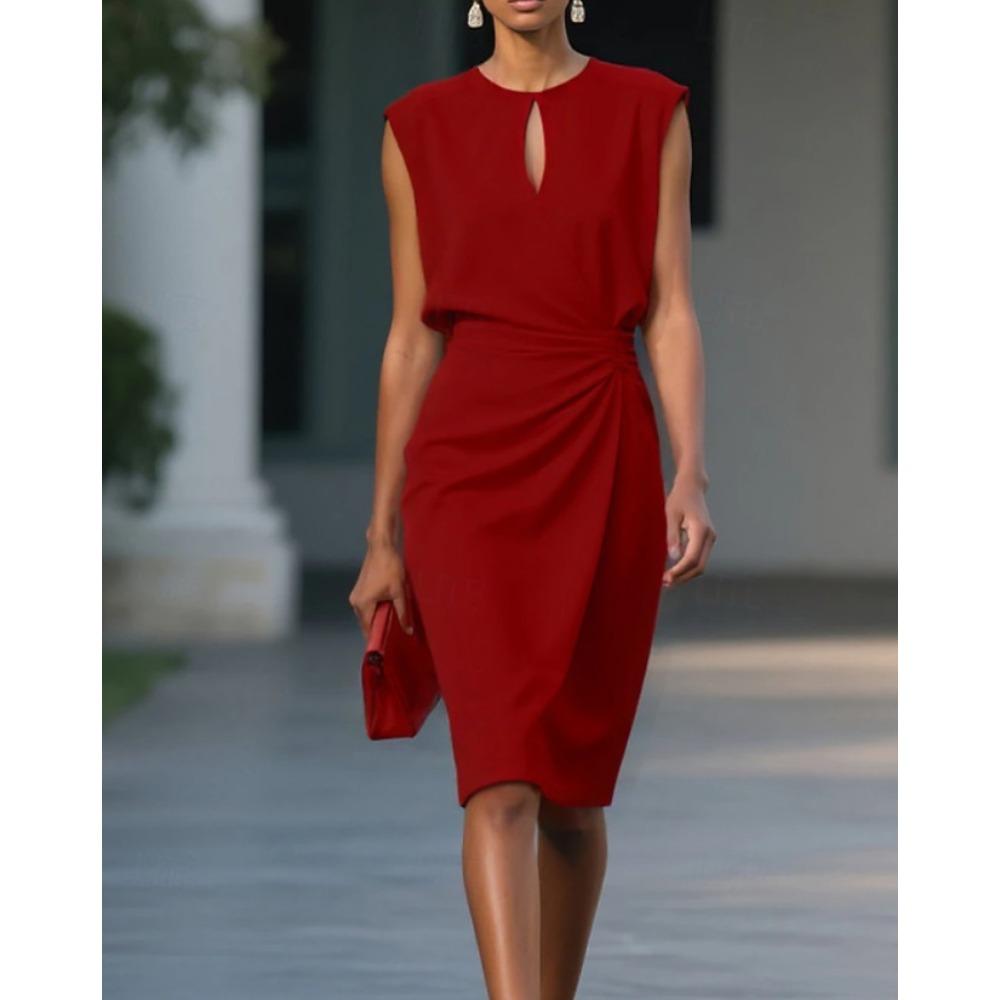 Dames mouwloze ronde hals keyhole ruches taille bodycon midi jurk voor kantoor