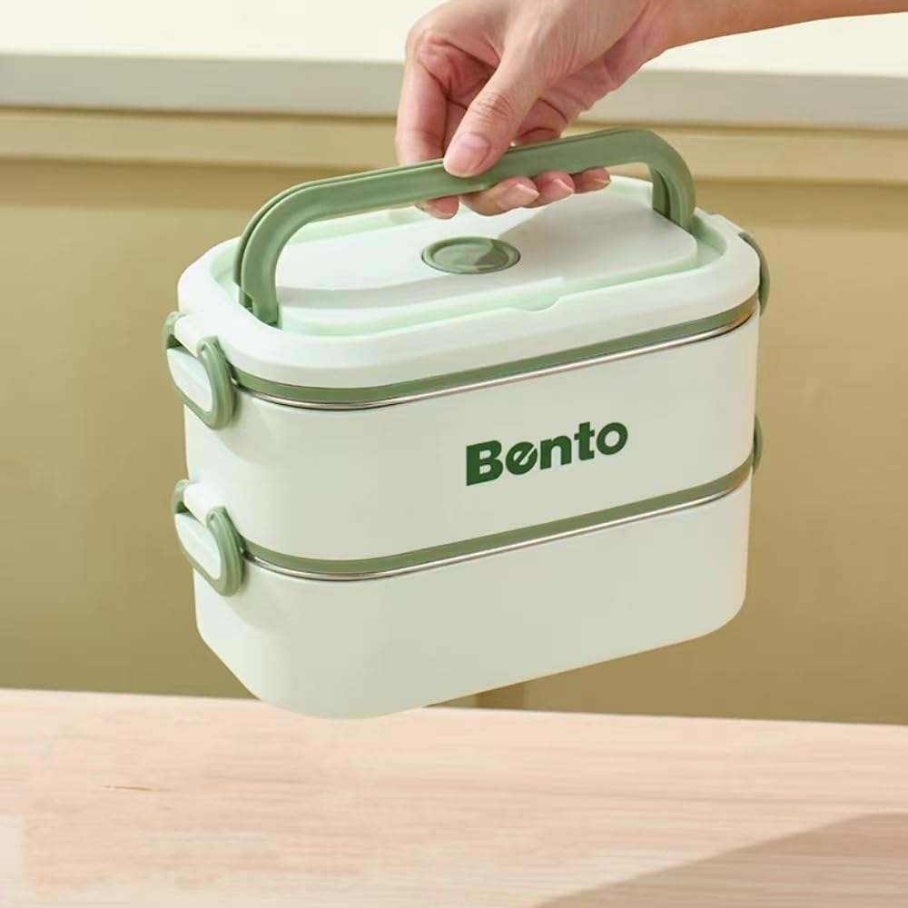 Nishida Stainless Steel Insulated Lunch Box, Leak-Proof, with Handle, Carry-Around Bag, Includes Chopsticks and Spoon (Brown, 2 Tiers)