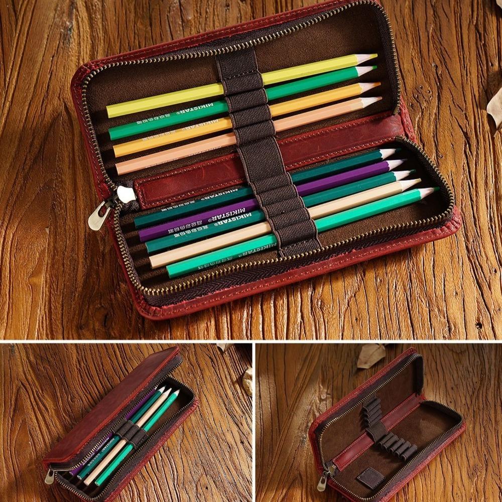Cowhide Pen Case Genuine Leather Pen Sleeve Pouch New Pencil Bag Office School Supplies