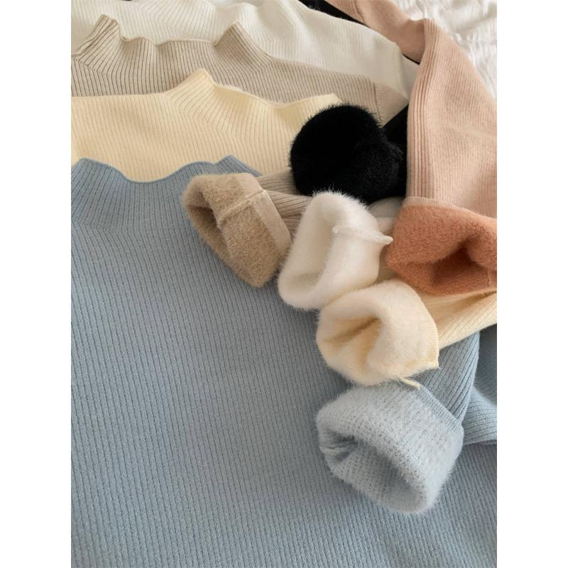 Autumn and Winter Thickened Inner Semi-turtleneck Loose Integrated Fleece Andy Fleece Sweater Women's Soft Waxy Knitted Bottoming Top