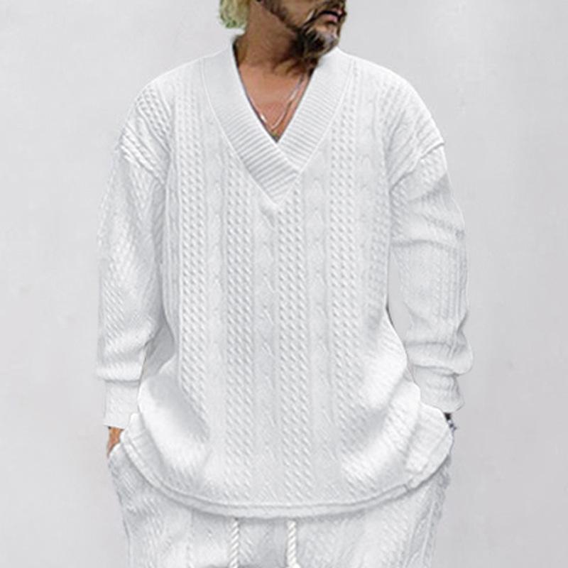 Men Casual Loose V Neck Long Sleeve Jacquard Knit Pullover Top