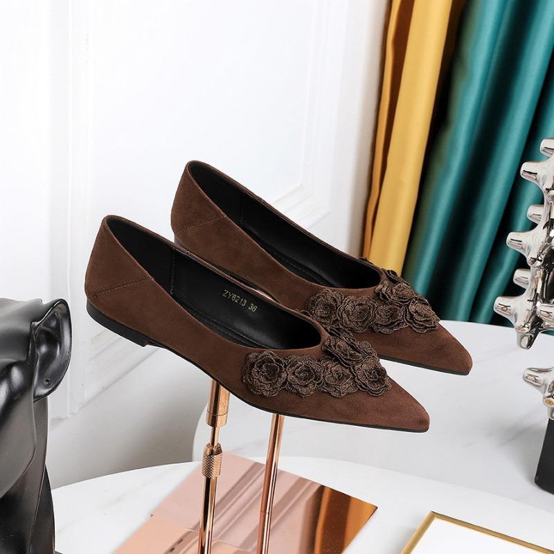 Women's Pointed Toe Suede Flats with 3D Floral Decor Slip-on Elegant Casual Shoes