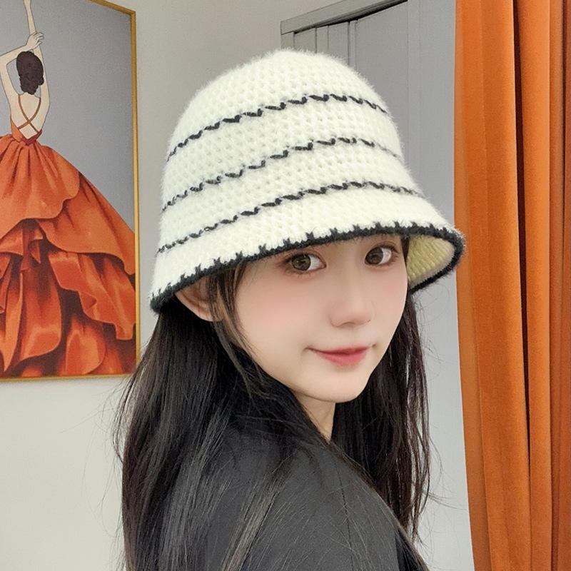 Korean Version of Ins Autumn and Winter Knitted Fisherman Hat Retro Striped Braided Hat Women's All Match Face Showing Small Bucket Hat Basin Hat