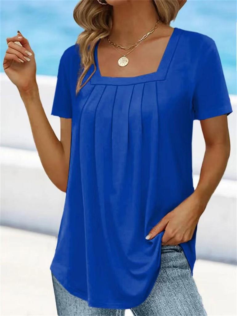 Summer Women's Pleated Square Neck Solid Color Loose Short Sleeve T-Shirt Top