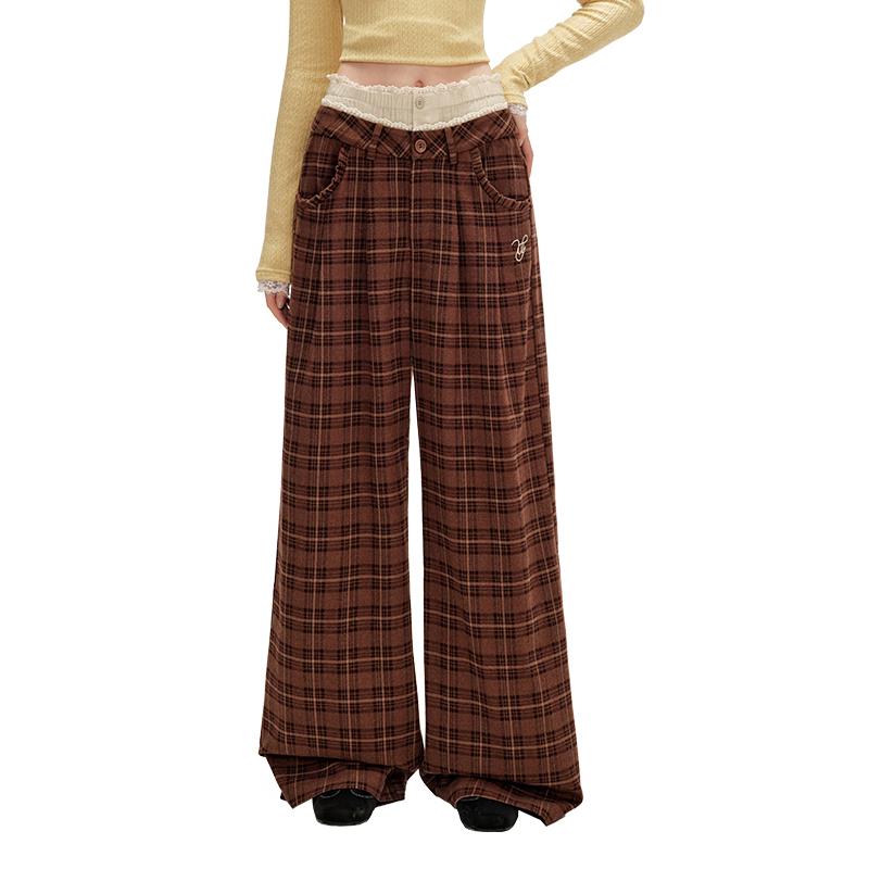 unifree Brushed Plaid Faux Two-Piece Straight-Leg Trousers
